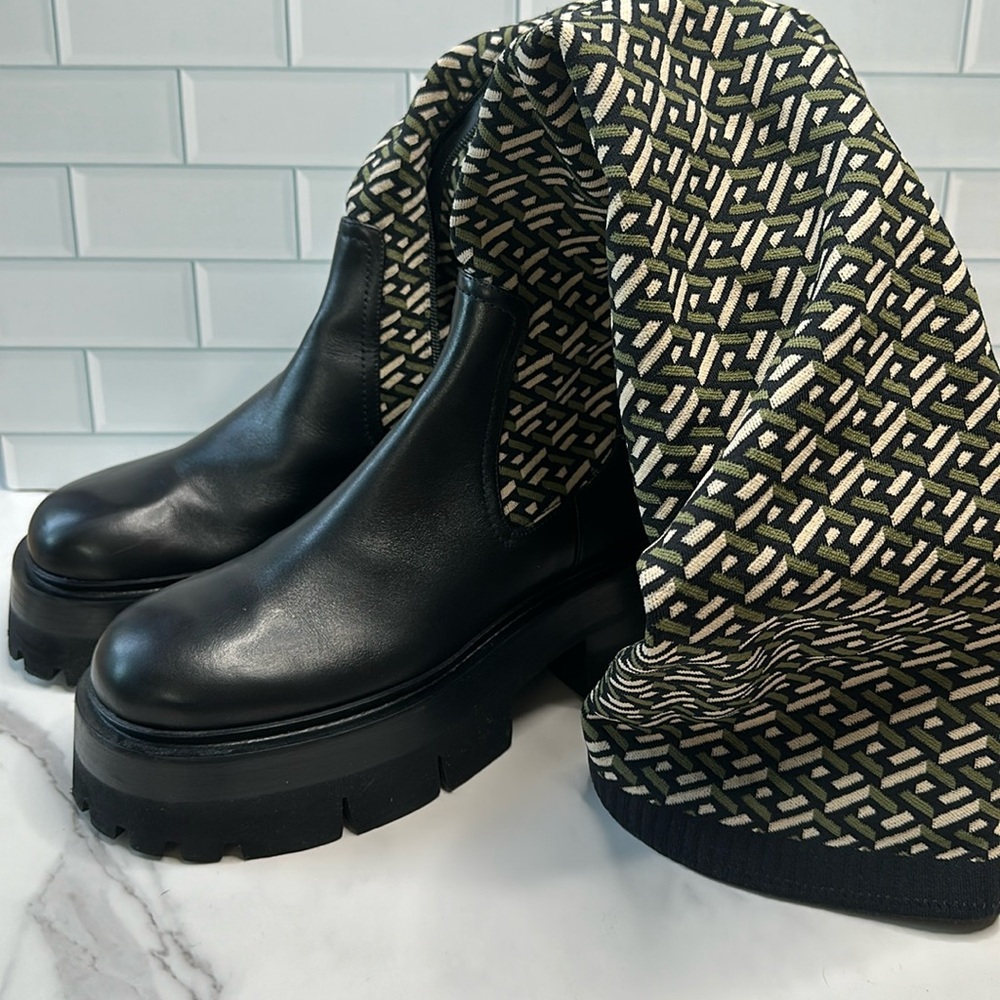 Versace black khaki leather multipanel design patterned knee high boots